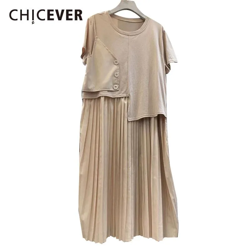 Casual Dresses CHICEVER Khaki Ruched Dress For Women O Neck Short Sleeve Knee Length Patchwork Solid Females Fashion Clothing 2023