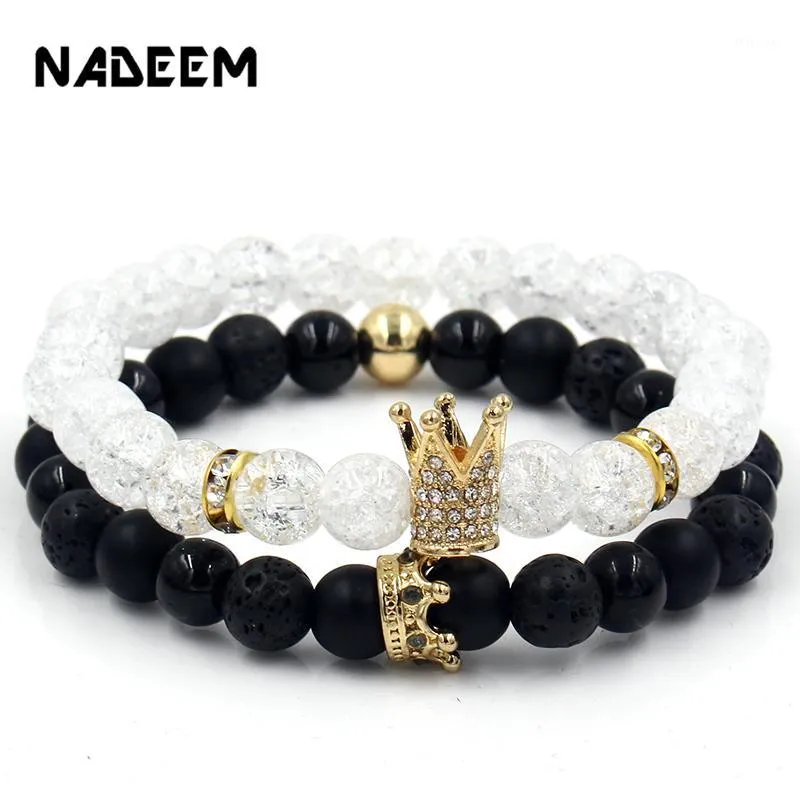 Charm Bracelets 2Pc/Sets Natural 8/6mm Stone Beads Couple For Women Micro Pave CZ Crown Charms Bracelet Men Jewelry Pulseras Mujer1