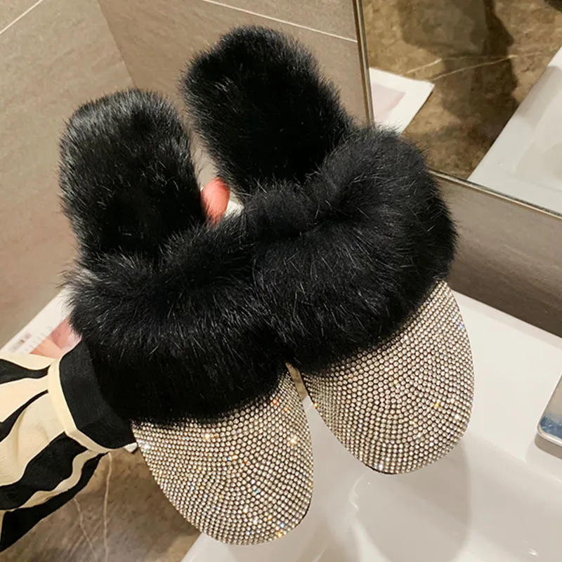 Slippers Women Ladies House Luxury Fur Crystal WInter Home Female Outdoor Mules Flats Shoes Slides For 230130