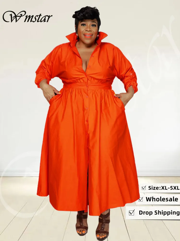 Plus storlek klänningar wmstar storlek för kvinnor kläder avslappnad lös skjorta lång maxi klänning mode streetwear grossist drop 230130