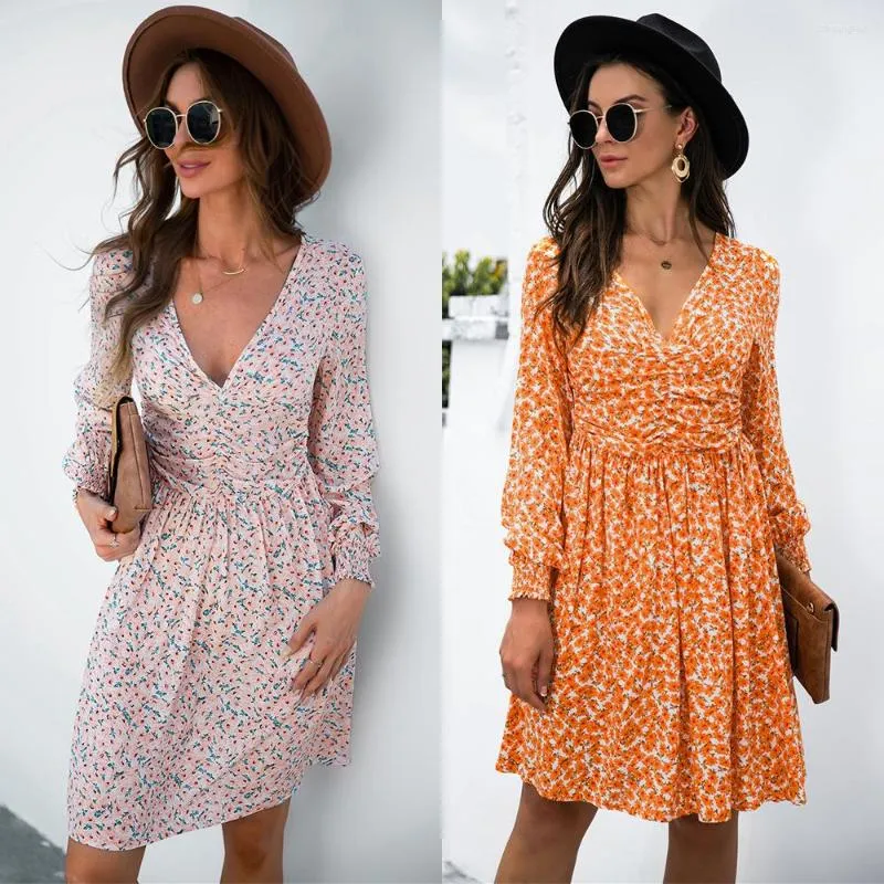 Casual Dresses Autumn Elegant Floral Derss Women Sexy V-Neck Long Sleeve A-line Dress Nice Sweet Fashion Print Woman Robe Femme