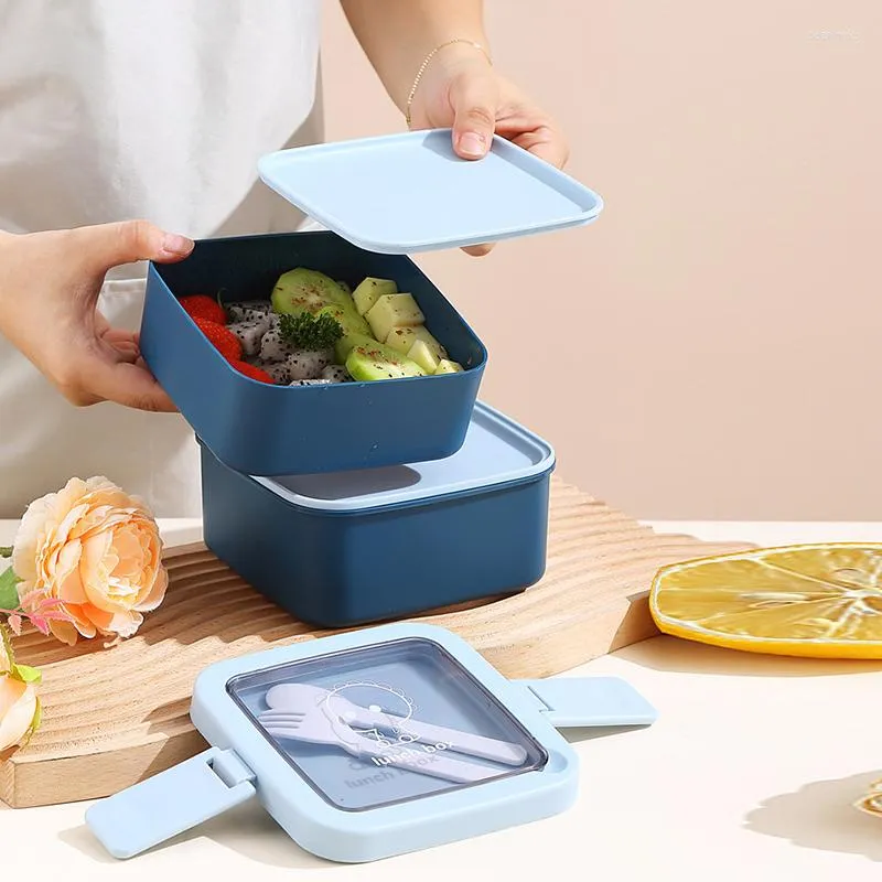 Dinnerware Sets Japanese-style Double Layers Lunch Box Portable Office Worker Microwave Bento Picnic Salad Container With Spoon Fork