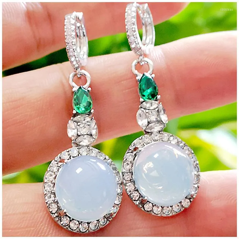 Dangle Boucles D'oreilles Qualité Imitation Naturel Jade Pith De Luxe Émeraude Incrusté De Zircon Boucle D'oreille Pour Les Femmes Argent Couleur Jewely