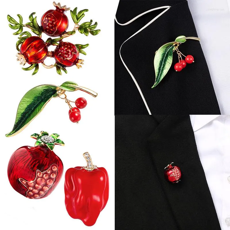 Brooches Fashion Fruit Brooch Match Cherry Pomegranate Fruits Painting Oil Plant For Women Clothes Pin Suit Lapel Pins Male