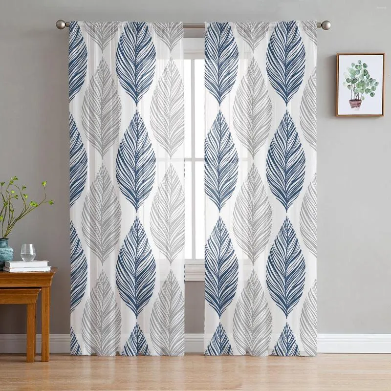 Curtain Navy Blue Grey Leaf Texture Tulle Curtains For Living Room Chiffon Voile Sheer Window Bedroom