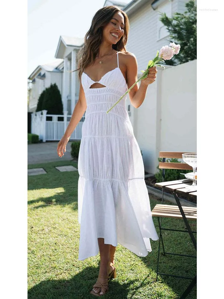 Casual Dresses Ausschnitt Weiß Sexy Sommer Langes Kleid Dame Rückenfrei Binden Weibliche Maxi Robe Vestidos 2023 V-Ausschnitt Kaffee Eleganter Strand