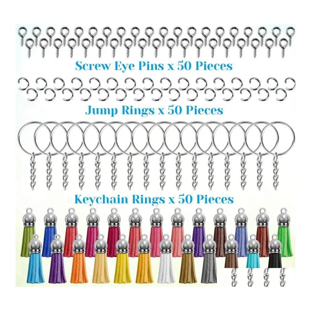 Keychains lanyards 200pcs lederen kwast hanger Keychain sieraden maken kit dames tas auto sleutelring met ketting voor doe -het -zelf ambachten supp dhyks