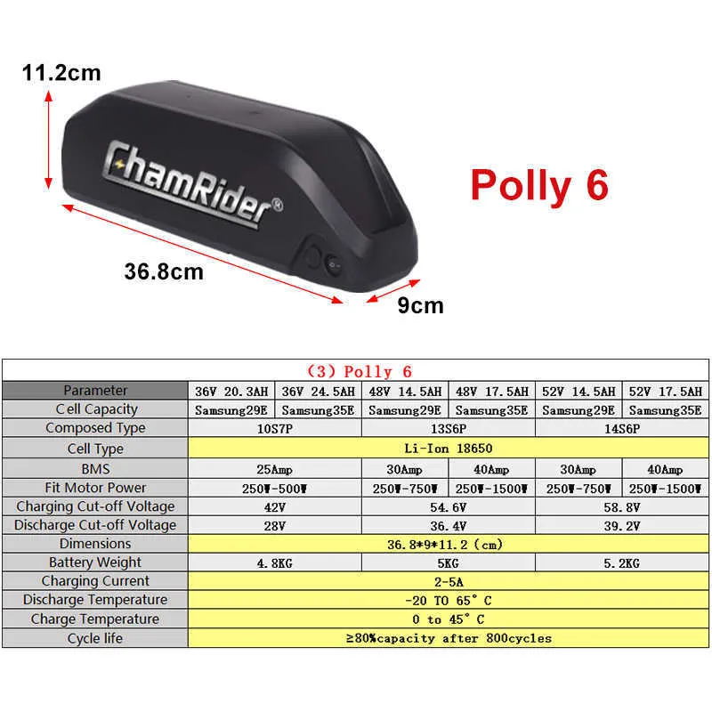 18650 48V Bateria de 52V Ebike Bateria Hailong Polly Downtube 30A 40A BMS 350W 500W 750W 1000W 1500W 18650 Cell BBS02 BBS03 BBSHD