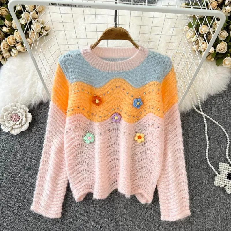 Kobiety swetry wiosna jesień kobiety pullover sweter wysokiej jakości Diamenty Słodkie kwiaty 3D kontrastowe kolorowe fala w paski