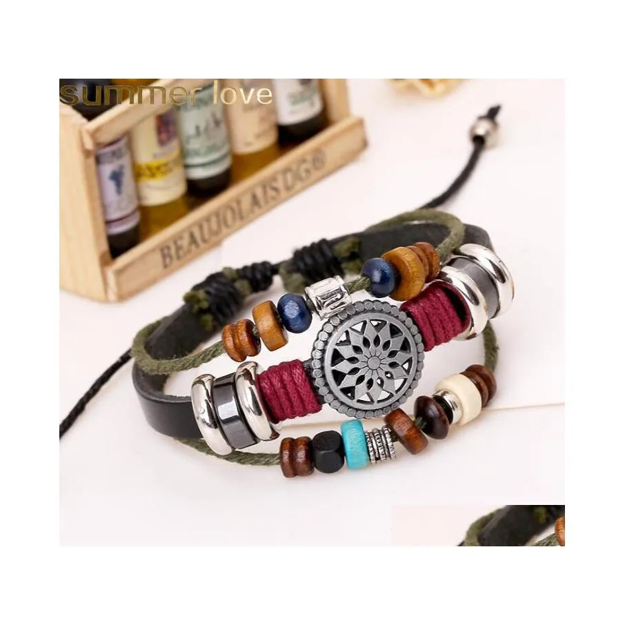 Andere Armbänder Mode Mtilayer Männer Perlen Leder Sonnenform Charms Geflochten für Frauen Vintage Punk Wrap Armband Schmuck Drop Deliv Othuf