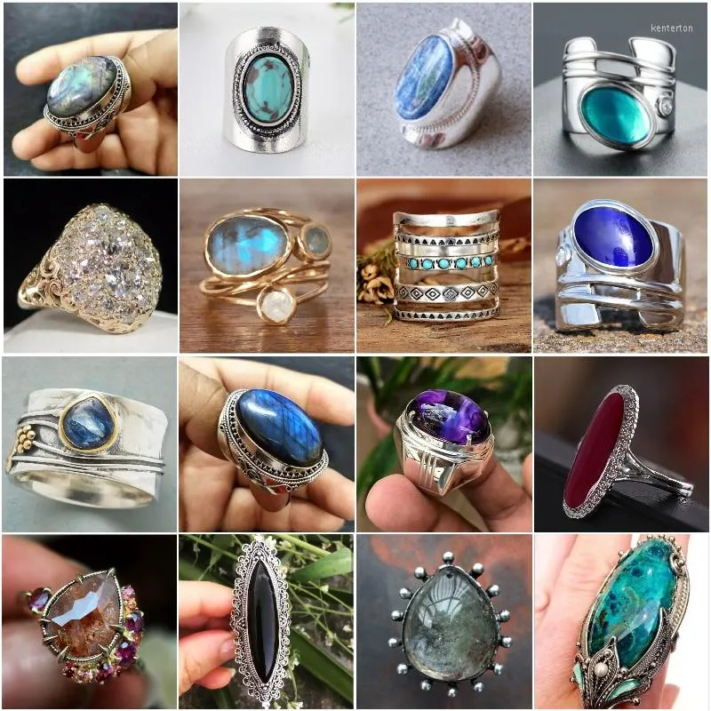 Anillos de racimo, venta al por mayor, anillo bohemio de cianita grande exagerada, aniversario, novia, boda, compromiso, piedra lunar para mujer, regalo