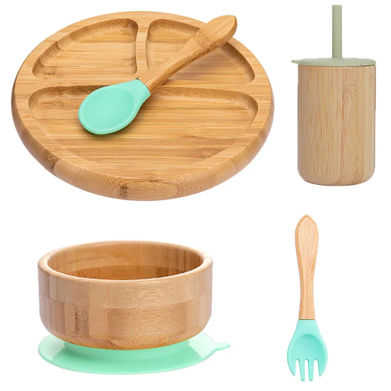 Cups Dishes Utensils Bopoobo 5Pcs/Set Children's Tableware Baby Bowl Plate Fork Spoon Cup Suction Feeding Food Bamboo Tableware BPA Free Non-Slip 230130