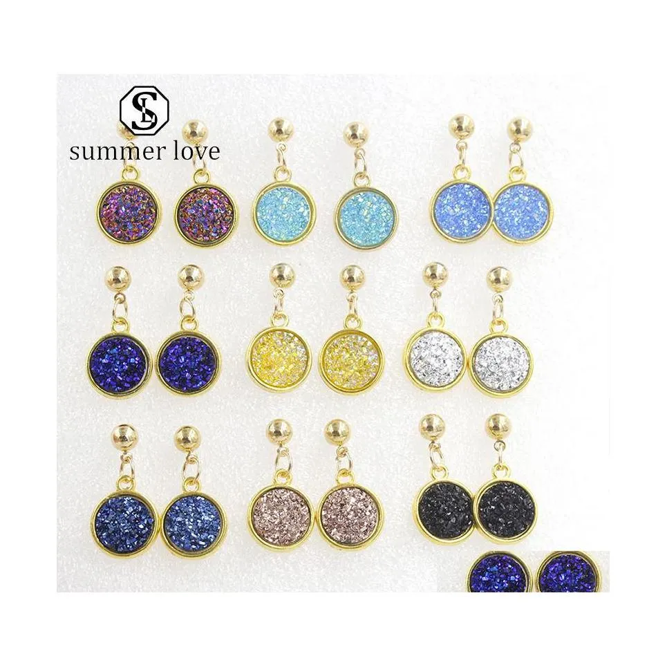 Stud Trendy Drusy Round Resin Stone Dangle Earings For Women Colorf Gold Sparkly Quartz Druzy Earrings Valentines Day Jewelry Gifty Dhz0N