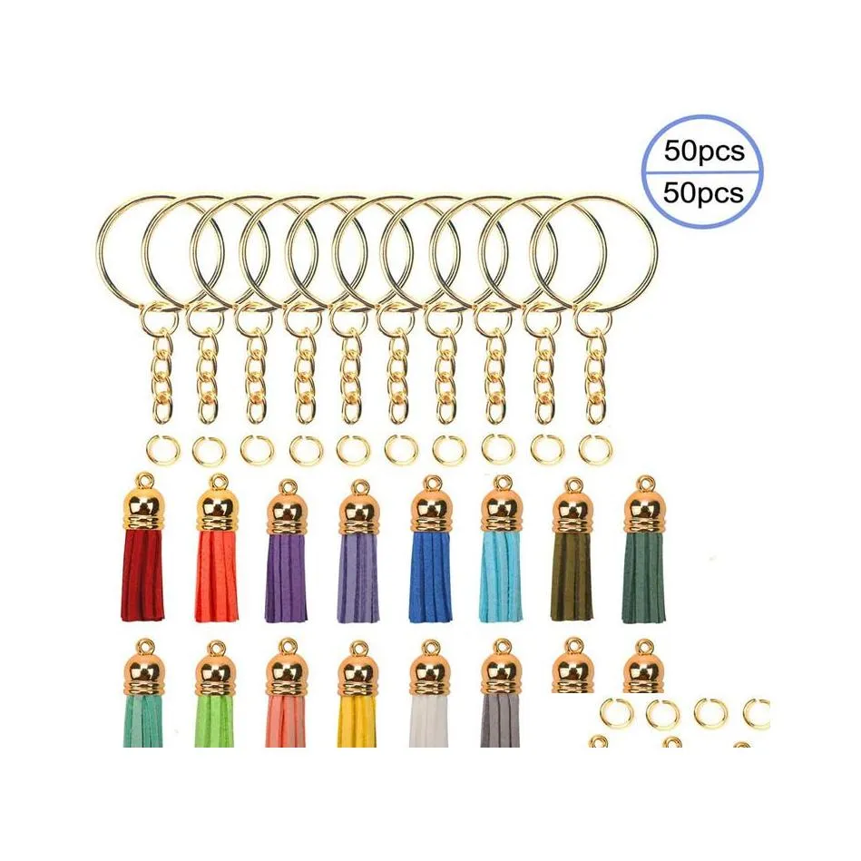 Keychains Bedanyards Leather Tassel Keychain 150pcs Anel de chave com Chain Open Jump Rings DIY para artesanato suprimentos de jóias Fazendo jóias W61F DH9VM