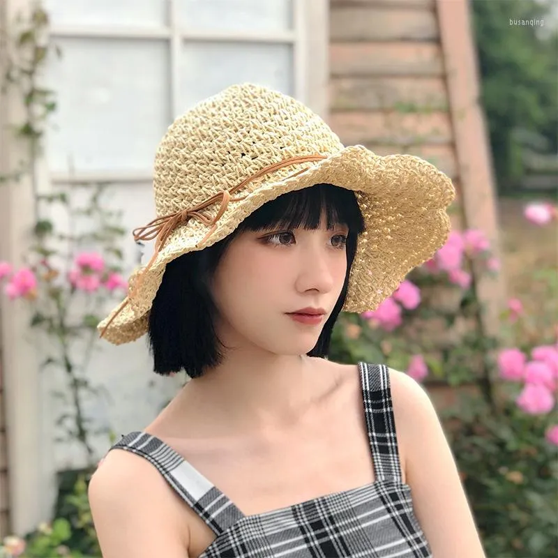 Geniş Memlu Şapkalar INS Kore el yapımı tığ işi saman güneş şapka yaz güneş kremi plaj tatil balıkçı kapağı yumuşak katlanabilir kadın gorros