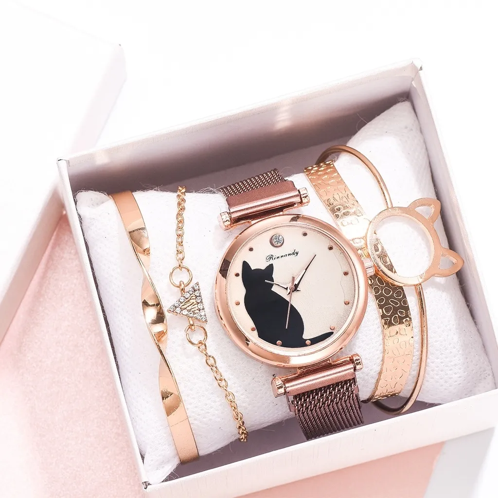 Womens Watches Fashion Set Women 5st Quartz Wristwatch Mesh Armband Cat Dial Luxury Woman Casual Ladies Clock Relogio Femenino 230130