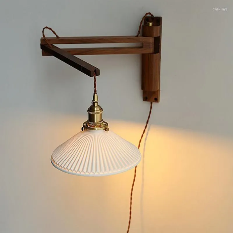 Wall Lamp Industrial Adjustable Solid Wood Creative Bedroom Bedside Reading Light Vintage Retro LED Lights Fexible 96-240V