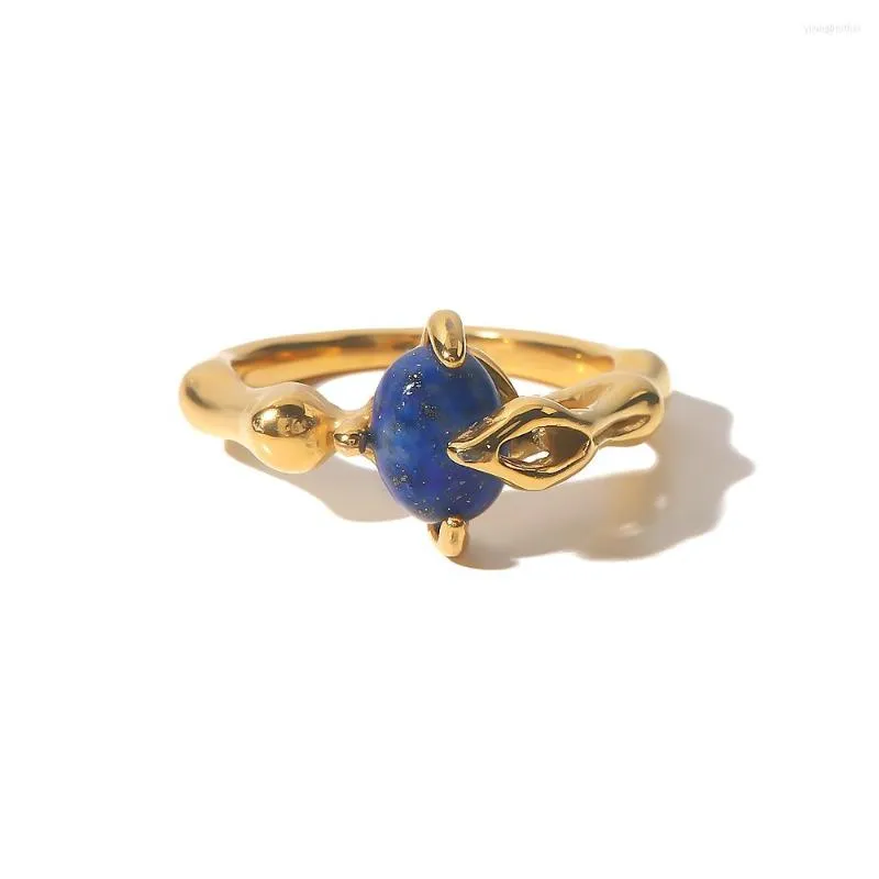 Cluster Rings Youthway Exquisite French Blue Lapis Ring Stainless Steel PVD Gold Plated Charm Chic Waterproof Trendy Jewelry Bijoux Gift