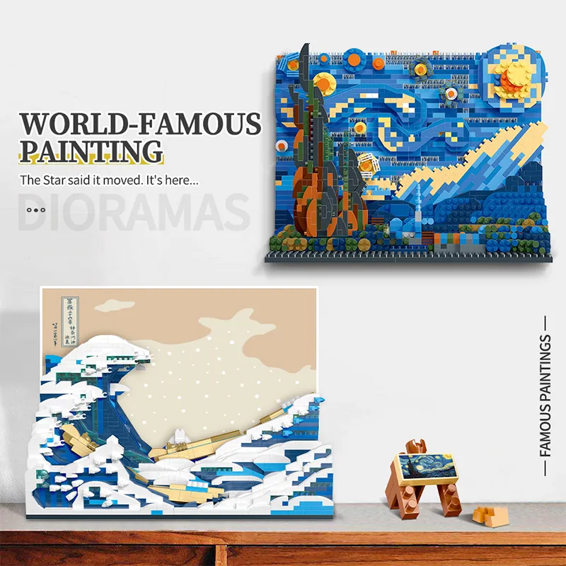 Blocos A Noite Estrelada 3D Microbrick MOC Pintura Artística Vincent Van Gogh 21333 Blocos de Construção Modelo Kanagawa Quebra-cabeça Brinquedos Presentes para Crianças 230130