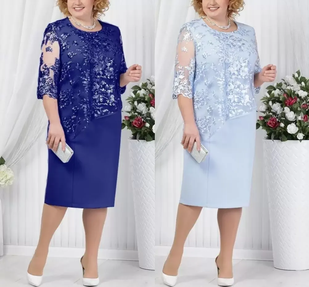 Bijou cou grande taille mère de la mariée robes en stock bleu royal manches longues genou-longueur mère formelle robe de mariée