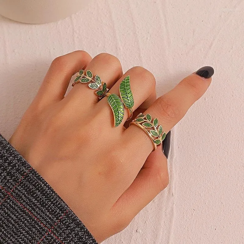 Wedding Rings 3pcs Simple Green Leaf For Women Fashion Vintage Fairy Personality Finger Open Jewelry Accessories