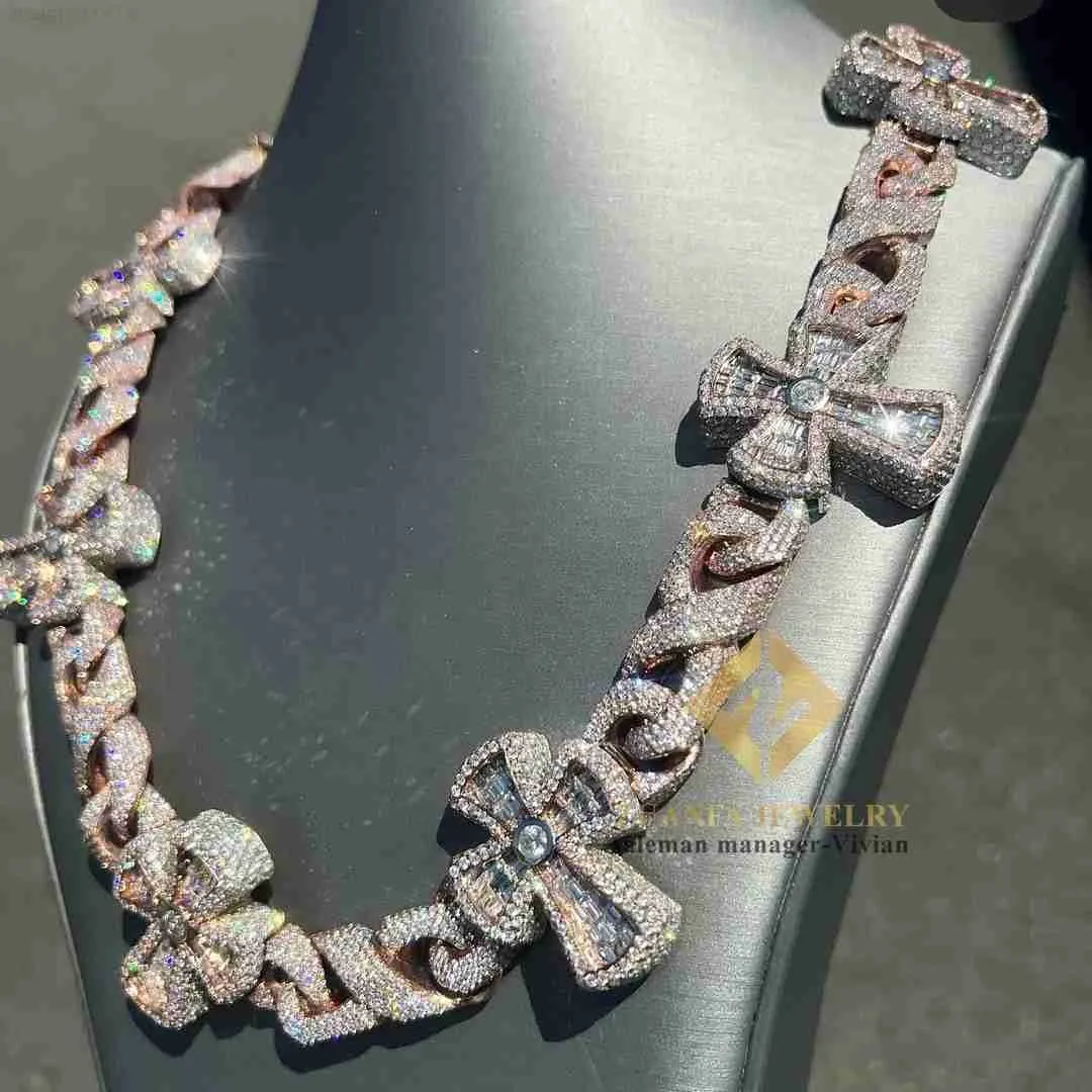 Design Silver 925 Luxury Custom Vvs Moissanite Hip Hop Smycken Iced Out Cross Cuban Link Chain