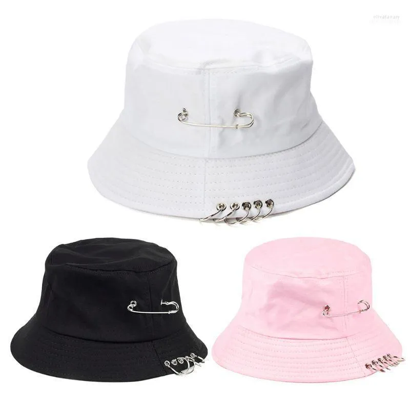 Chapeaux à large bord unisexe Harajuku Punk coton seau chapeau broche en métal joints toriques Hip Hop casquette de pêcheur F3MD Oliv22