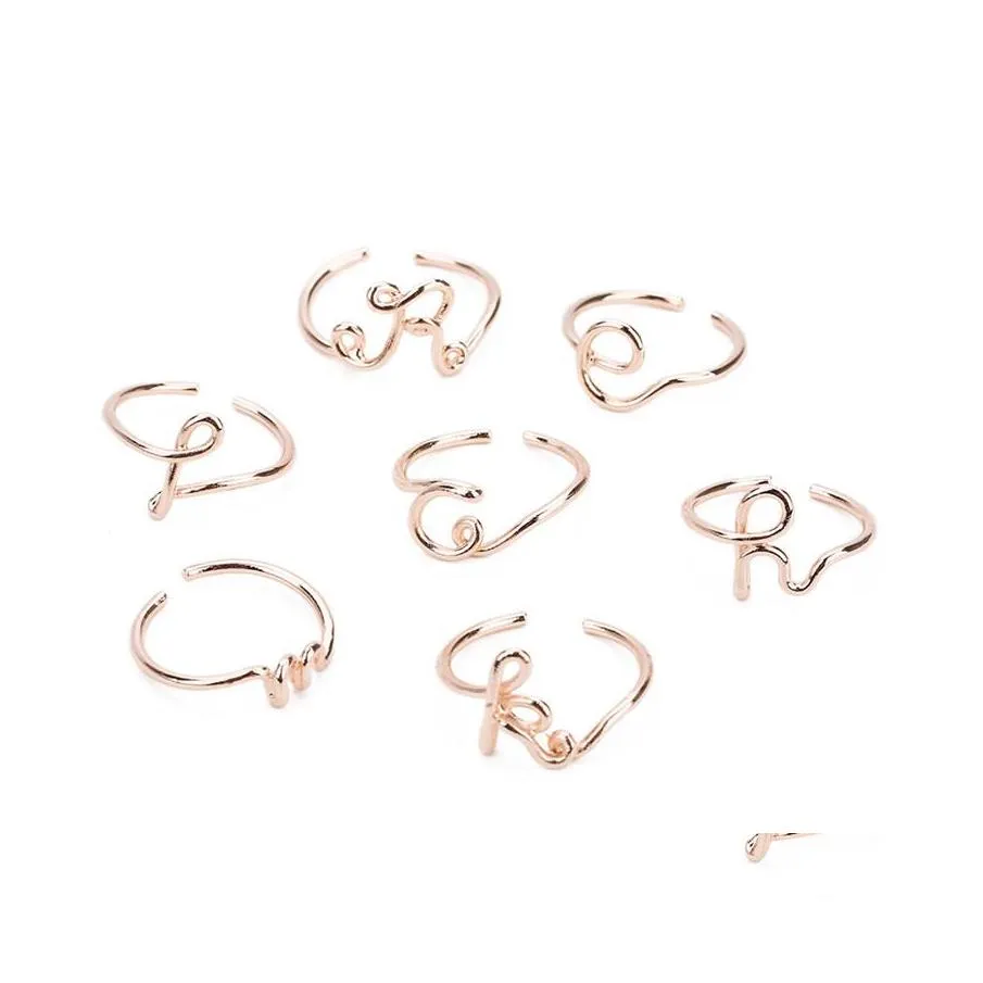 Bandringen Groothandel 26 Engelse brief Eerste Rose Gold Design Open Ring Verstelbaar Verklaring Partij Charm Jewelry Gift For Women Gi Dhgxo