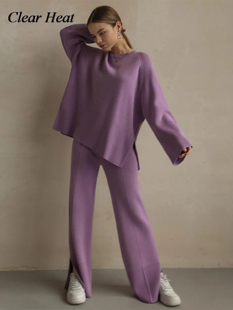 Survêtements pour femmes Woamn Split Knit Pull Pantalon Ensemble Mode Surdimensionné Top LaceUp Jambe Large Deux Pièces Costumes Automne Femme Chic Tenues 230131