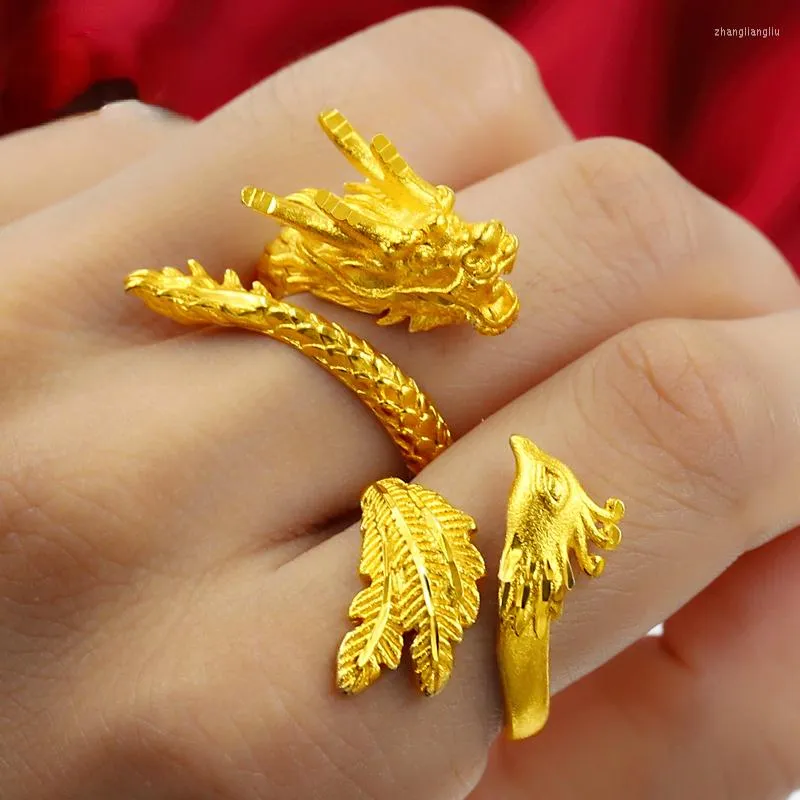 Cluster Anneaux Haute Qualité 999 Or Pur Couleur Phoenix Dragon Coupon Anneau Pour Amoureux Hommes Femmes Couple De Mariage Doigt Fine Jewelry