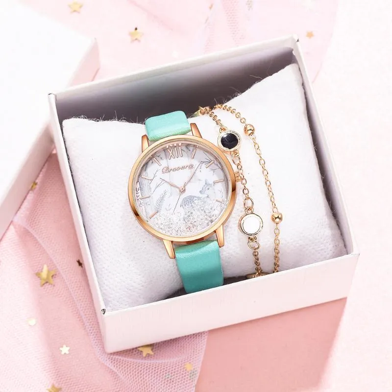 Wristwatches 2023 Quartz Wristwatch Casual Bracelet Ladies Watch Fashion Women Watches Rolling Beads Deer Design Dial Zegarek Damski