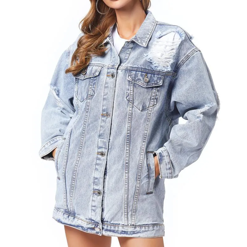 Women's Jackets Retro Light Blue Denim Women Lapel Single Breasted Ripped Jean With Big Pockets Spring Autumn Fashion CoatsWomen's