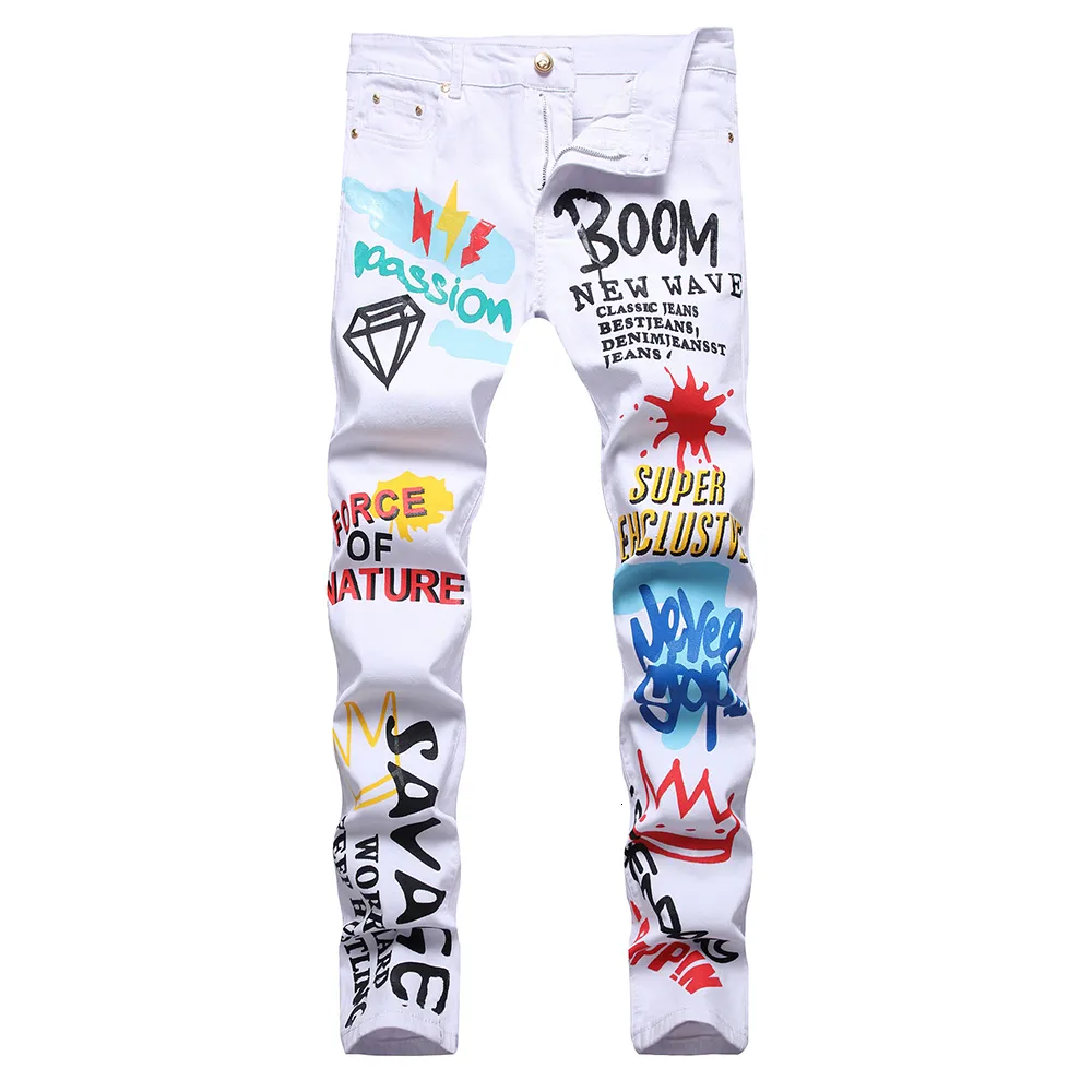 Jeans pour hommes Y2K Lettres colorées imprimées Mode Blanc Slim Droit Stretch Denim Pantalon Streetwear Pantalon 230131