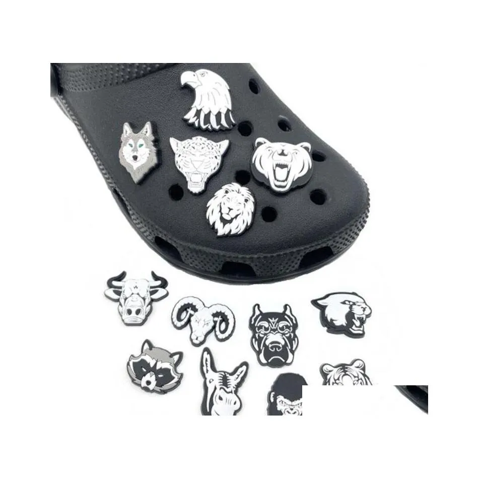 Shoe Parts Accessories 13 Style Black White Animal Head Croc Charms Pvc Garden Soft Rubber For Clog Bracelet Wristband Part Drop D Dhcoq