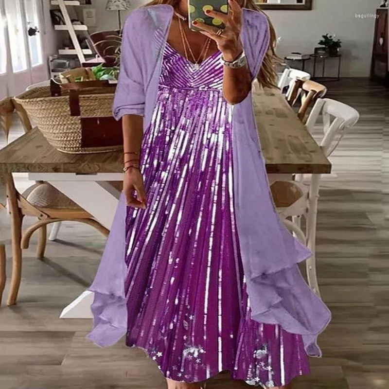 Sıradan Elbiseler Yaz Kadın Basılı Tatil Elbise Kiliz Plaj Tarzı Midi Kadınlar İçin İki Parça Set Boho Vestidos 21753