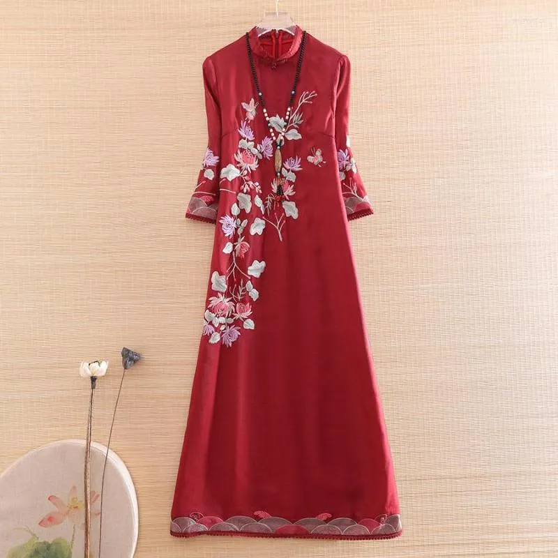 Ethnic Clothing High-end Spring Summer Women Cheongsam Dress Retro Elegant Embroidery 3/4 Sleeve A-line Lady Party Qiapao S-XXL