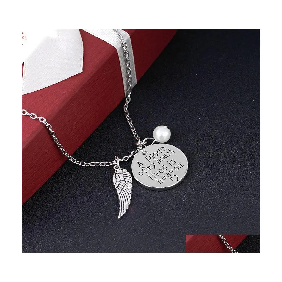 Pendentif Colliers Ailes D'ange Femmes Imitation Perles Charmes Collier Un Morceau De Mon Coeur Vit Au Paradis Cadeau Pour Fille Girlfrien Dhfhn