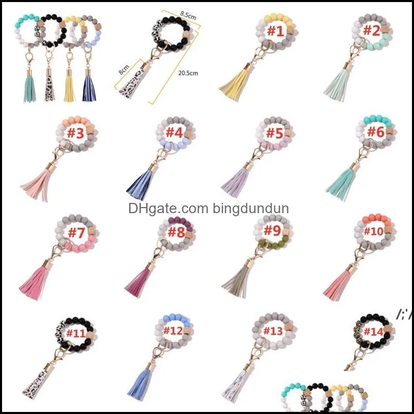 Favor de fiesta 14 colores Sile Llavero Pulsera para mujer Único con estilo Brazalete con cuentas Pulsera Llavero Cadena Círculo Muñeca Llaveros P Otixf