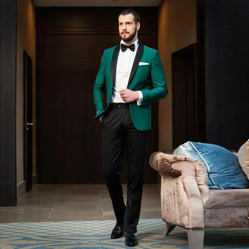 Brand New Green Groom Tuxedos Black Shawl Lapel Men Wedding Tuxedo Fashion Men Jacket Blazer Men Prom Dinner/Darty Suit Jacket Pants Tie