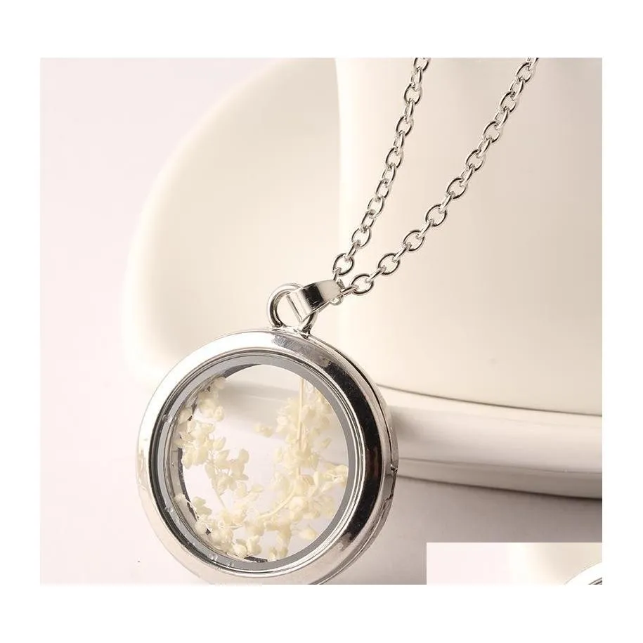 Pendentif Colliers Médaillon Pour Femmes Mode Forme De Coeur Flottant Fleur Séchée Chaîne De Plantes Collier Drop Delivery Bijoux Pendentifs Dhksa