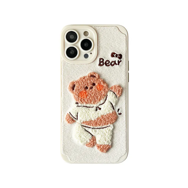 Caixa de celular bordado e bordado de urso gordo para iPhone 14 Plus 14 Pro 11 12 13 Pro