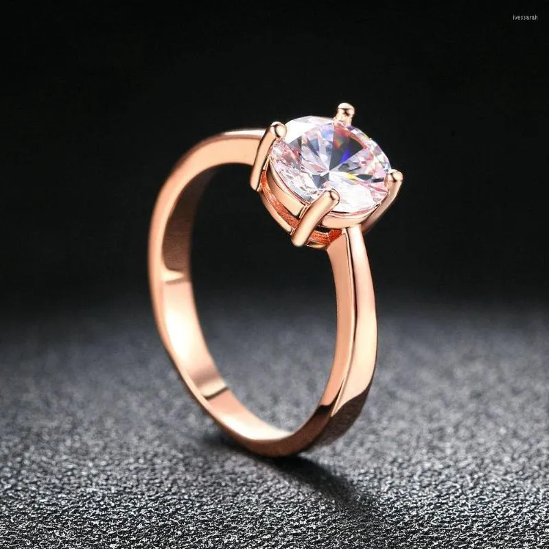 Wedding Rings 4 Claw Solitaire CZ Crystal For Women Engagement Rose Gold Color Zircon Ring Girlfriend Xmas Gift Jewelry R333