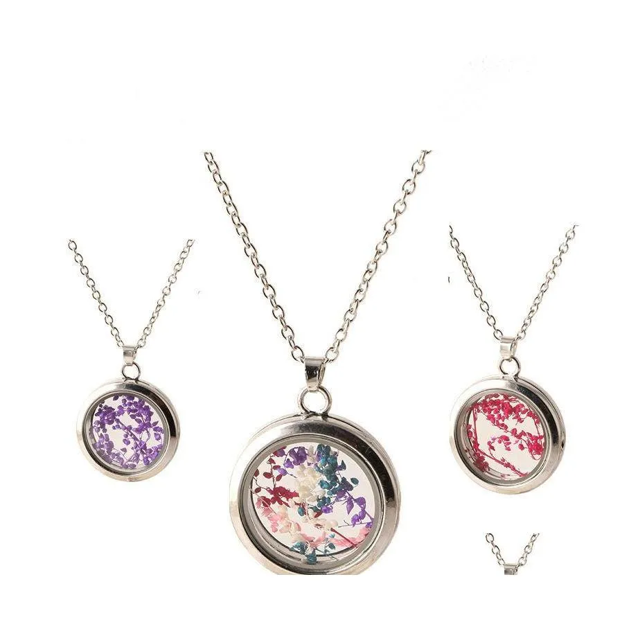 Pendant Necklaces Locket Romantic Crystal Glass Heart Necklace Floating Dried Flower Plant Chain Drop Delivery Jewelry Pendants Dhb6Z