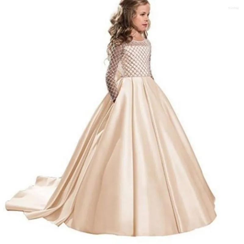 Fille Robes Satin Fleur À Manches Longues O-cou Perles Robe De Bal Solide Formelle Première Sainte Communion Robes De Fête D'anniversaire