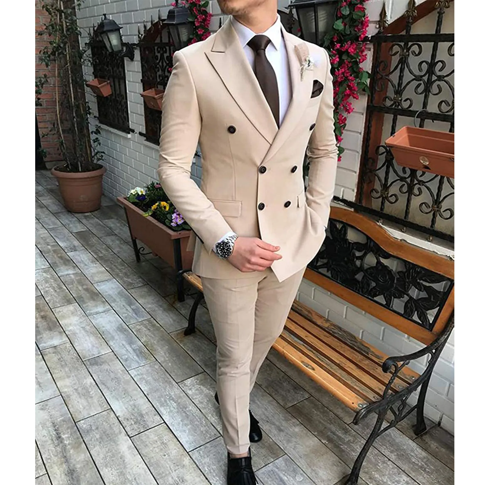 スーツ 80s Camel beige over size double set up Mens Beige Suits: Double Breasted Notch Lapel Slim Fit Suit