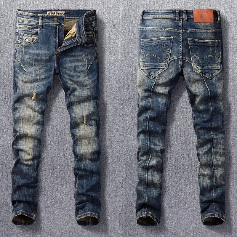Herr jeans streetwear mode retro svart blå elastisk smal fit rippad spliced ​​designer hip hop denim byxor hombre 230131