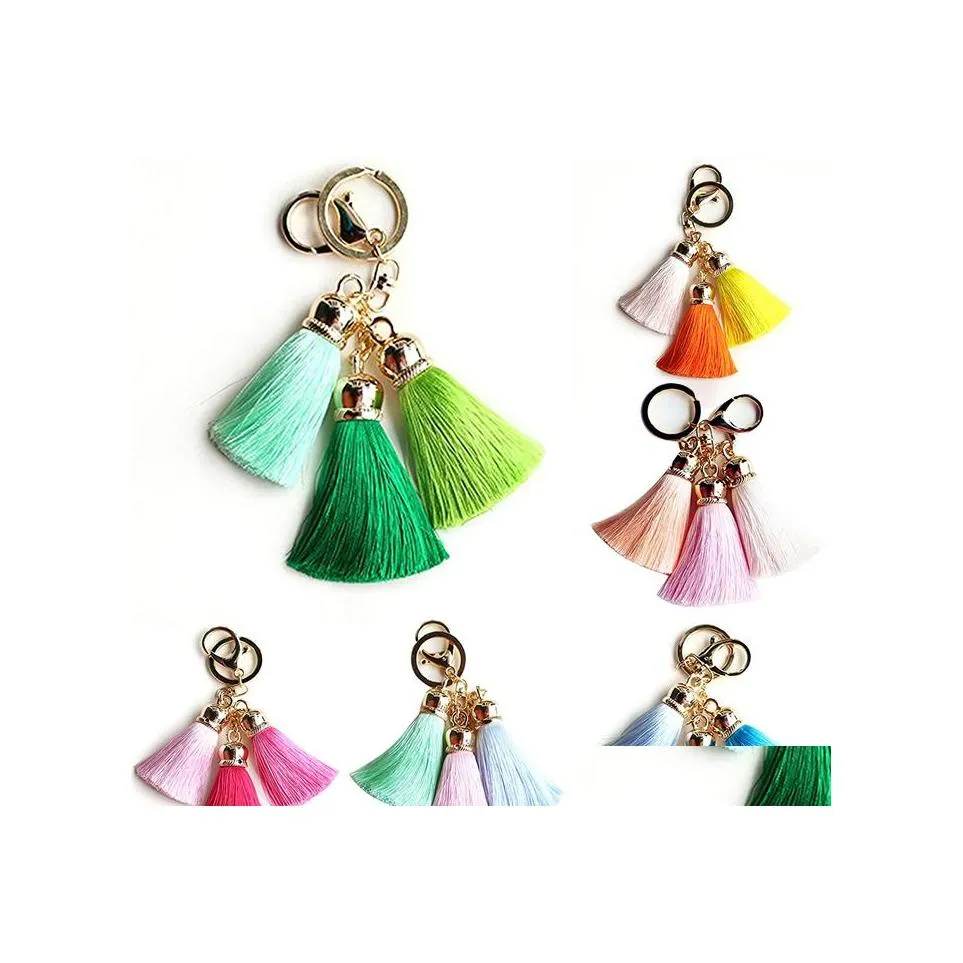 Porte-clés Longes En Gros Femmes Mode Porte-clés Belle Couleur De Mélange Trois Gland Pendentifs Porte-clés Bijoux Téléphone Sac Accessoire Dhevh