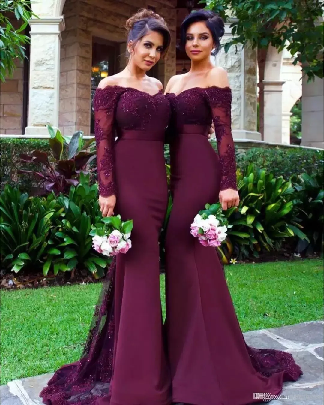 Платье подружки невесты с бордовыми бусинами и открытыми плечами, с длинными рукавами и кружевной аппликацией, 2023, свадебное платье подружки невесты на заказ269D