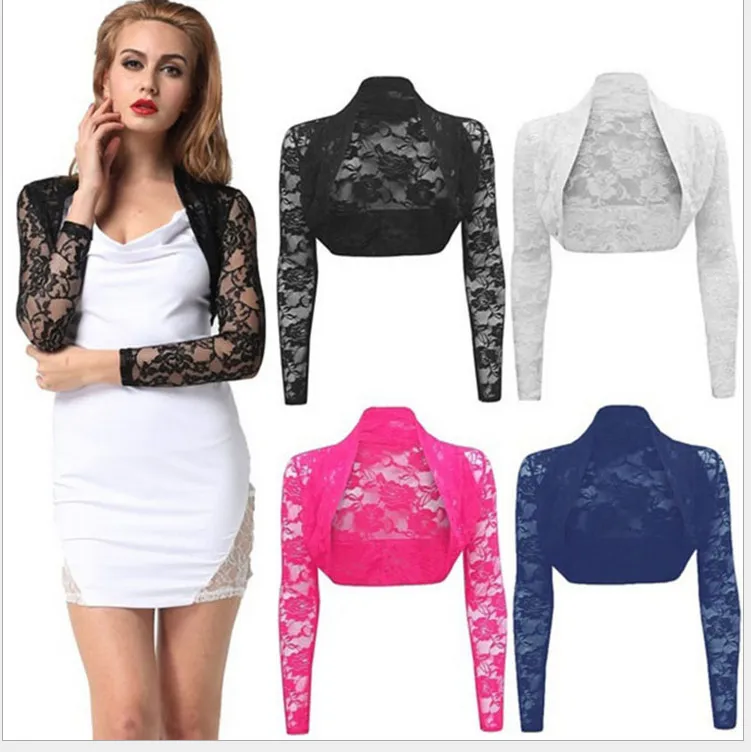 Women's Jackets Women Vintage Retro Lace Shrug Bolero Lady Long Sleeve Short Crop Tops Cardigan