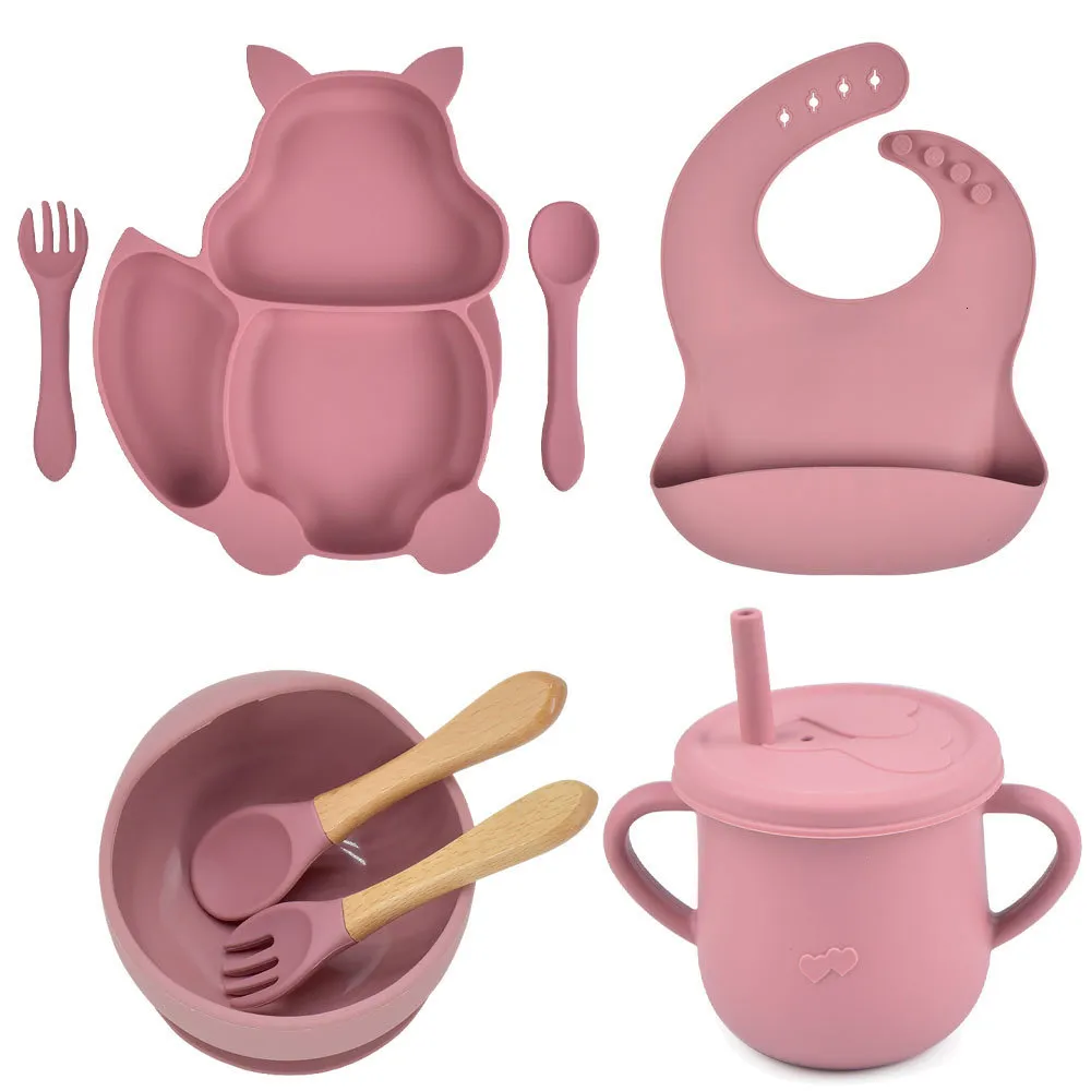 Koppar rätter redskap 8st/set baby silikon sucker skål tallrik kopp bibs sked gaffel sätter barn non-slip bordsartiklar baby matning rätter bpa gratis 230130